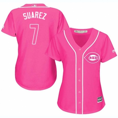Women's Majestic Cincinnati Reds #7 Eugenio Suarez Authentic Pink Fashion Cool Base MLB Jersey