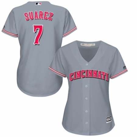 Women's Majestic Cincinnati Reds #7 Eugenio Suarez Replica Grey Road Cool Base MLB Jersey