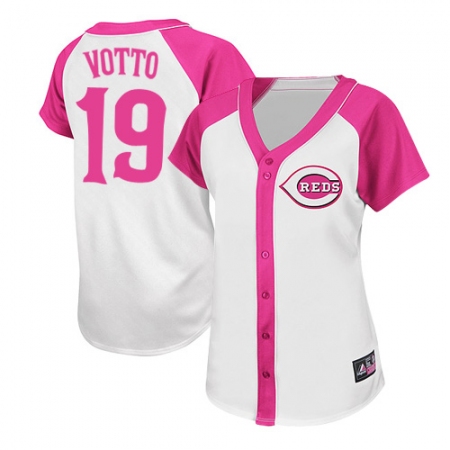 Women's Majestic Cincinnati Reds #19 Joey Votto Authentic White/Pink Splash Fashion MLB Jersey